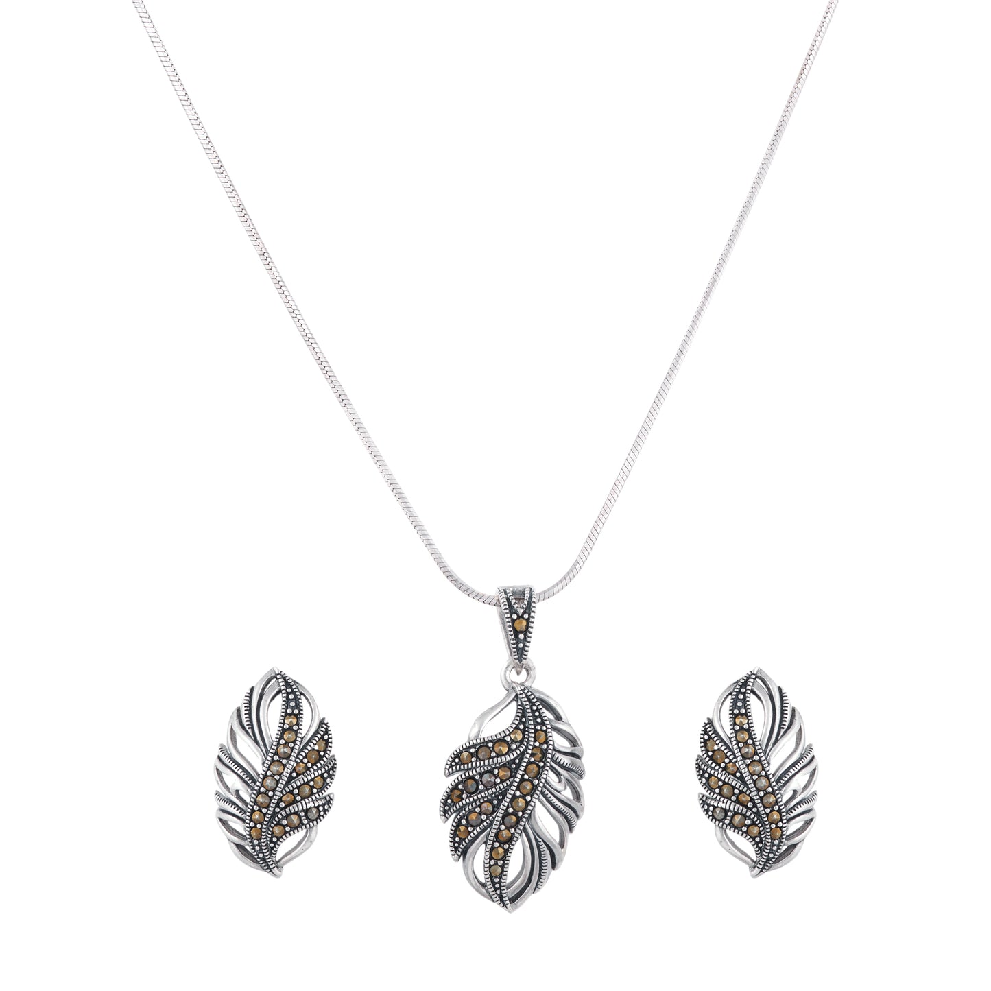 Antique Silver Marcasite Leaf Necklace Set