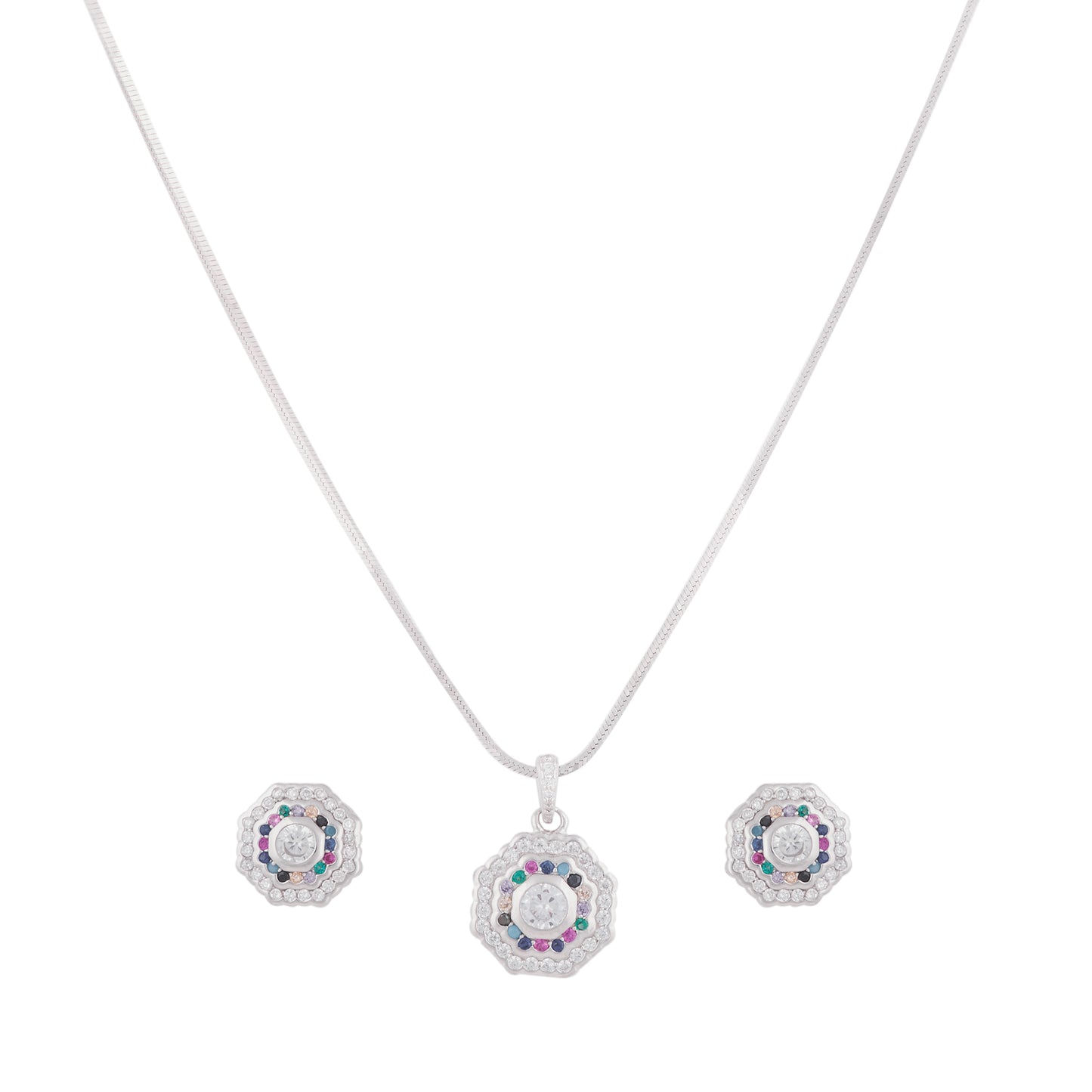 Silver Octagon Rainbow Necklace Set