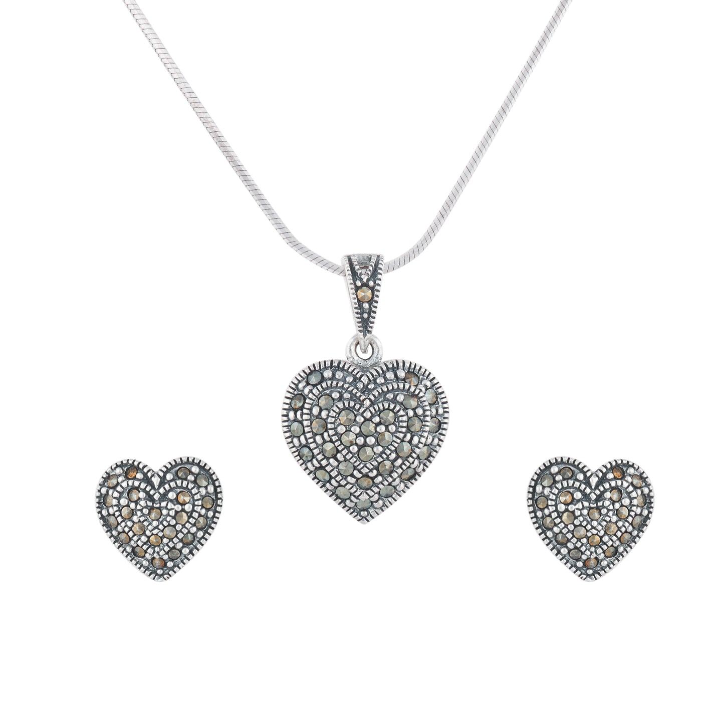 Antique Silver Crystal Heart Necklace Set