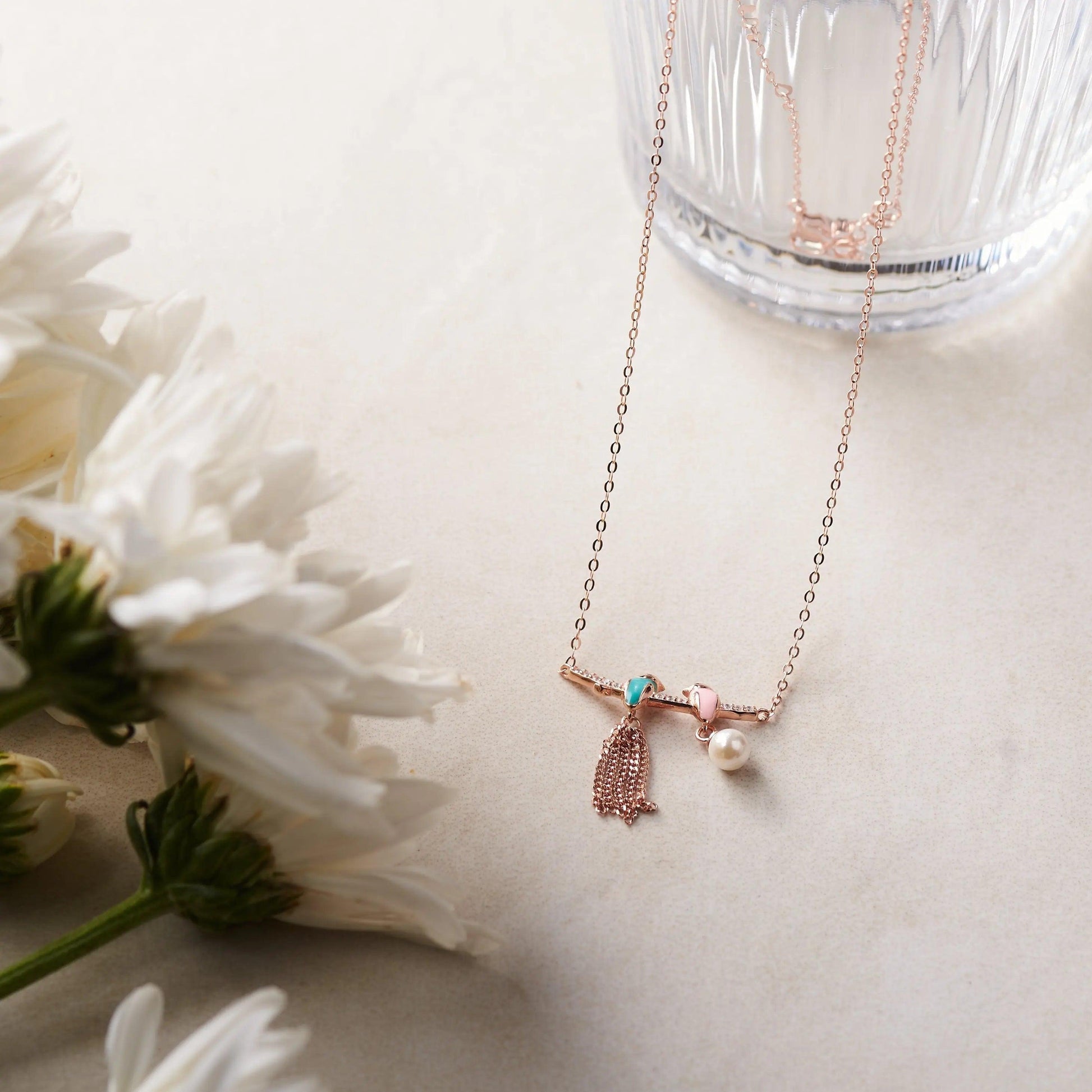 Rose Gold Chirping Birds Necklace Dhanaza