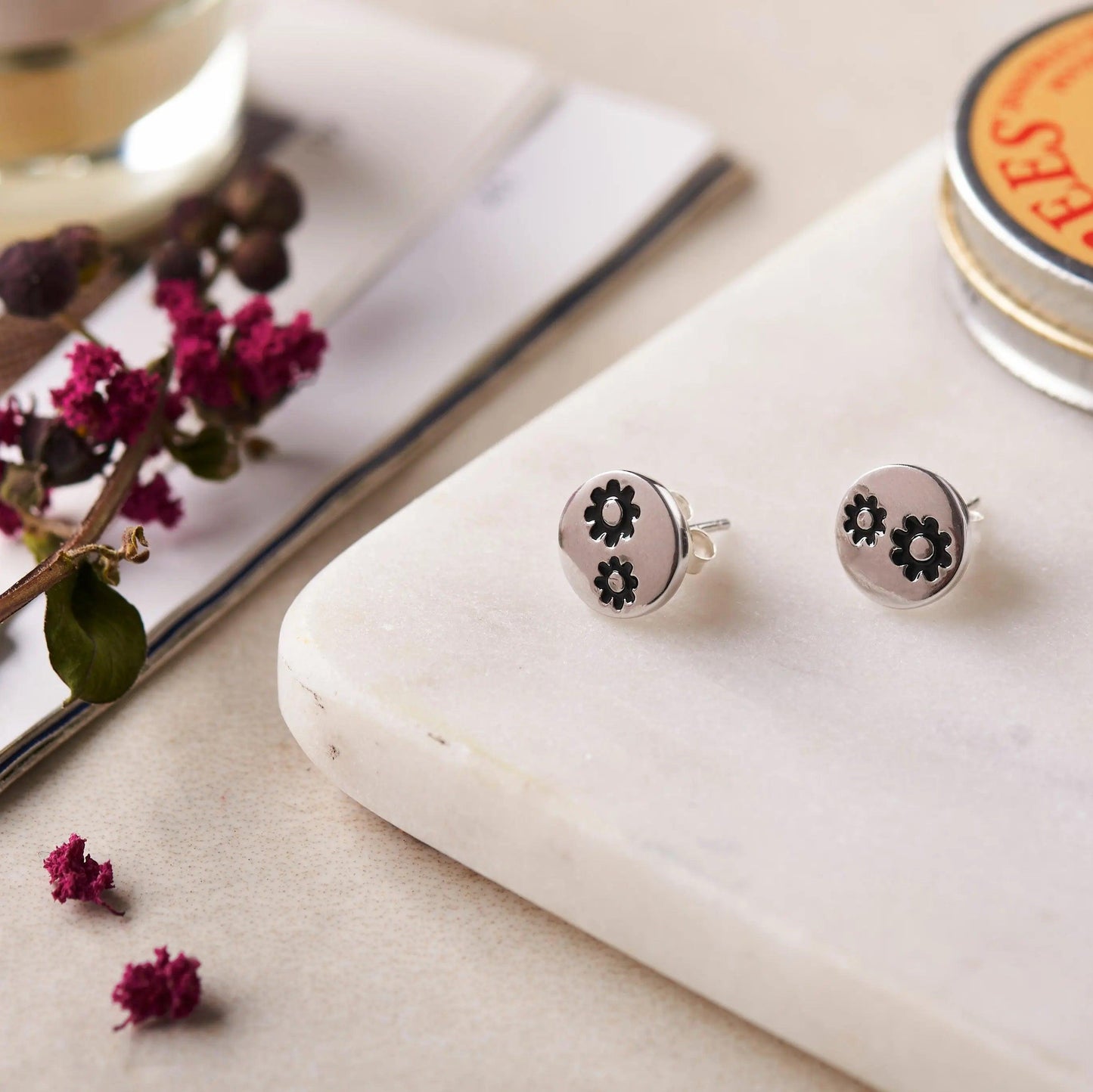 Silver 2 Flowers in a Dot Studs (Earrings) Dhanaza