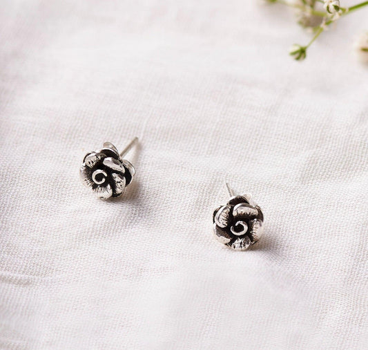 Oxidized Silver 3D Rose Studs (Earrings) Dhanaza