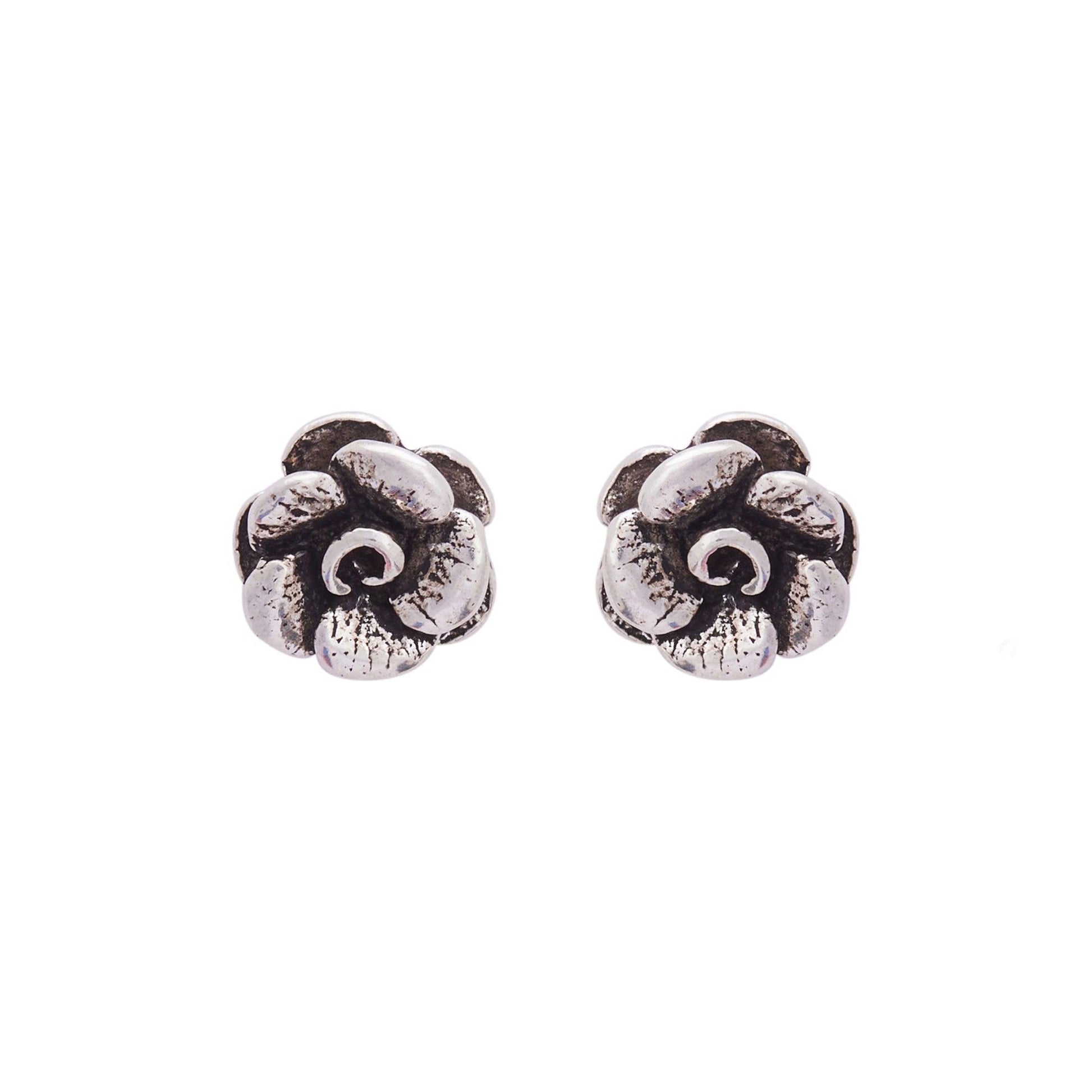 Oxidized Silver 3D Rose Studs (Earrings) Dhanaza