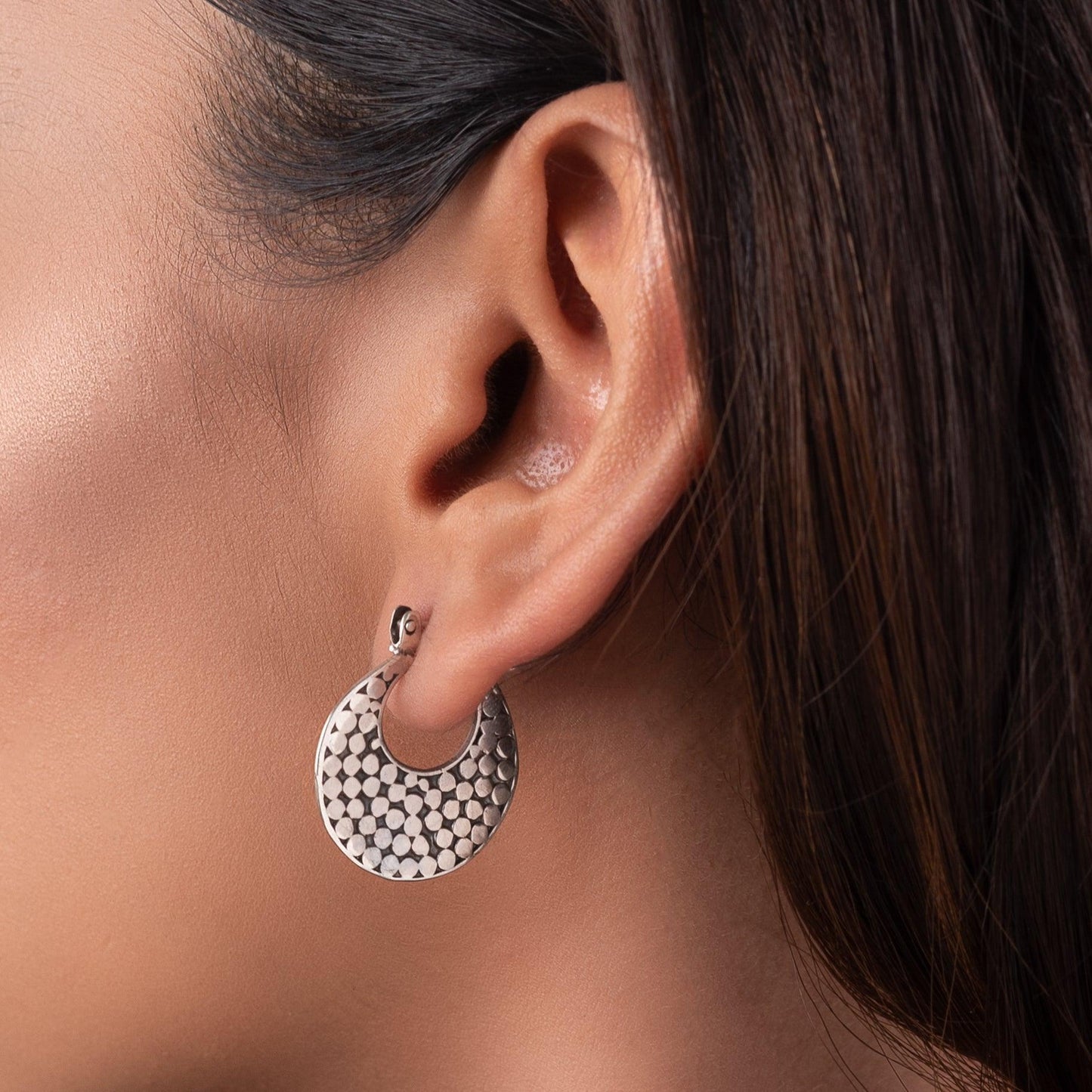 Silver Dotted Chaandbali Earrings Dhanaza