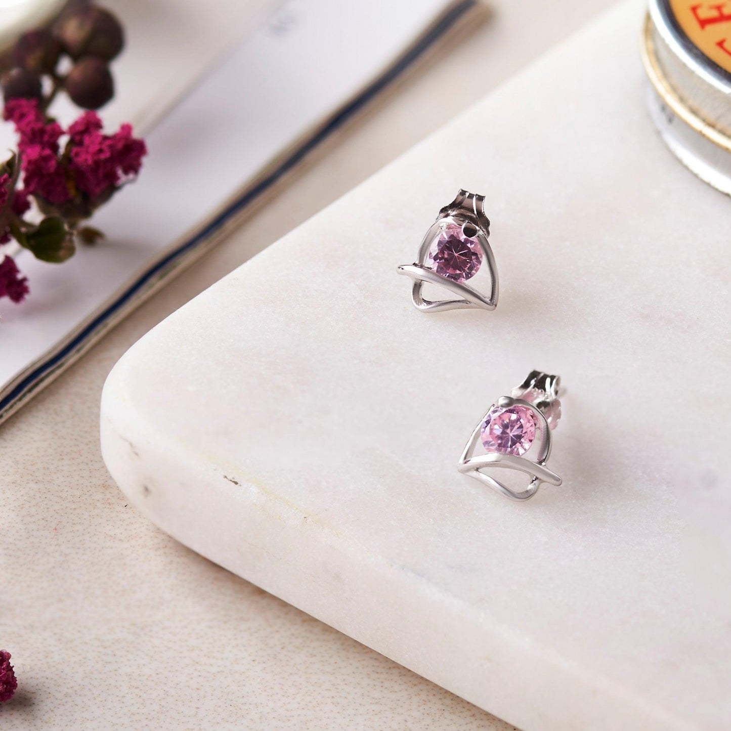 Silver Pink Crystal Leaf Studs (Earrings) Dhanaza