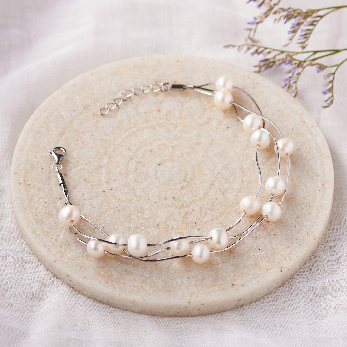 Silver Tri-String Pearl Bracelet Dhanaza