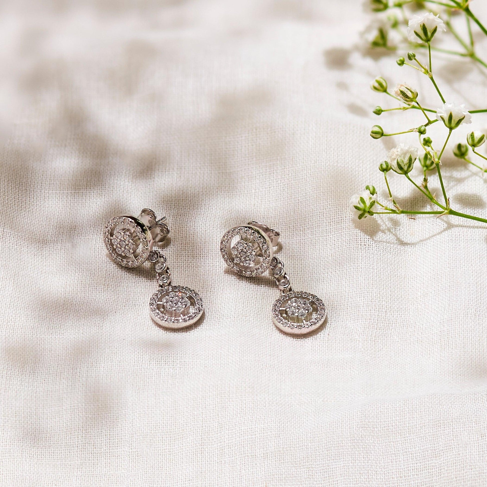 Silver Twin Flower Drop Earrings Dhanaza